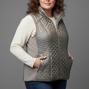 Gallery Vest Womens 2X Gray Quilted Puffer Zip Front Knit Side Panels Winter